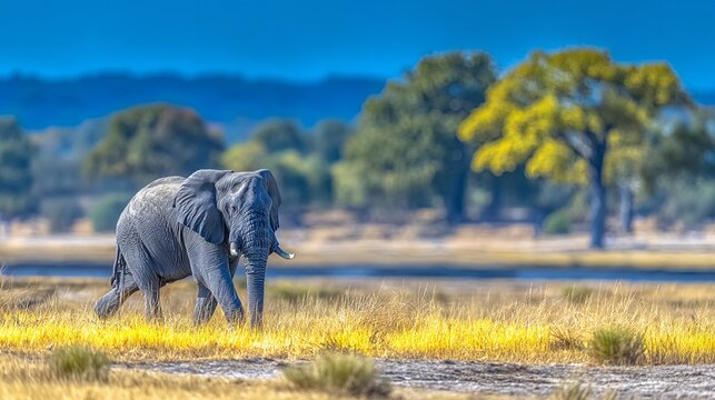 Lone Elephant Walking Across Savanna Landscape Under Bright Sky