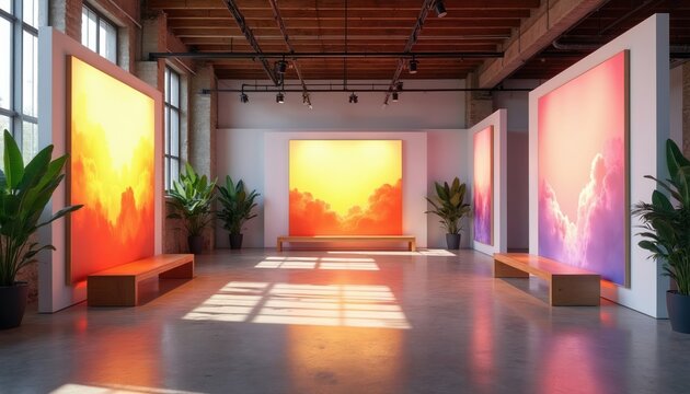 Modern art exhibition with large abstract paintings displayed on walls. Sleek benches invite viewers to relax. Natural light streams in creating ambient reflections on polished floor. Plants add