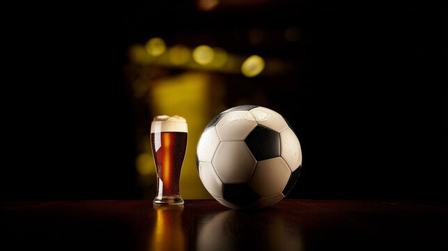 Soccer ball and glass of dark beer on a wooden bar table with dramatic lighting and copy space. Perfect for football match promotions, sports bar advertising, fan culture, and tournament concepts.