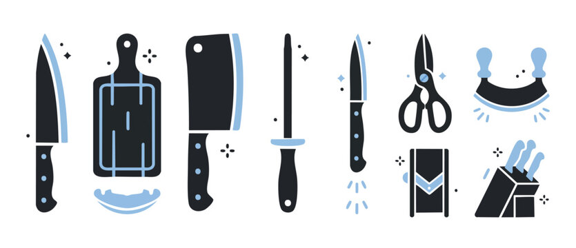 Kitchen Knife Set Icon Vector Collection for Culinary Professional Tools with Cutting Board, Cleaver, Sharpening Steel, Scissors, Slicer and Block in Flat Minimalist Design for Cooking and Chef Brandi