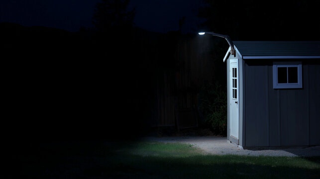 Dark nighttime scene featuring a small backyard shed illuminated by a single outdoor light. Atmospheric image ideal for mystery, suspense, security, solitude, and cinematic storytelling concepts.