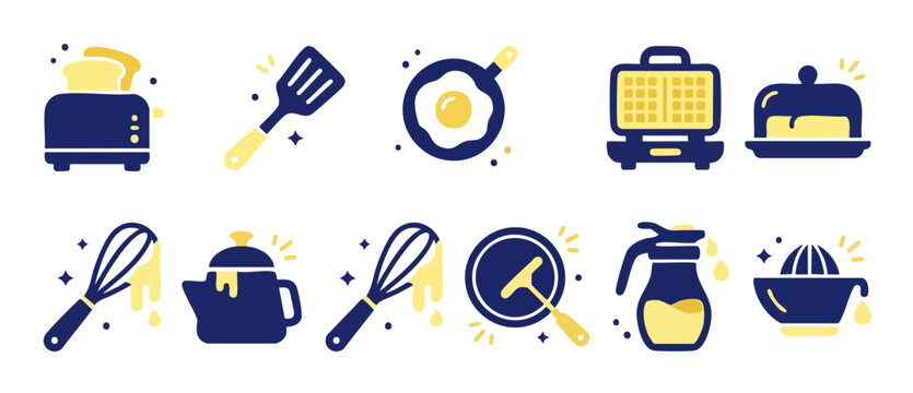 Breakfast kitchen icon set, cooking tools and meal preparation utensils in flat vector style. Minimalist blue and yellow symbols for food industry, culinary design, restaurant menu, and home appliance