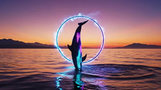 Vibrant dolphin gracefully soaring through a luminous electric halo above the shimmering sea at a breathtaking sunset, capturing a moment of serene magic