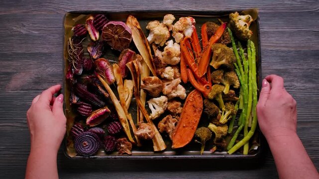 Top view of hands putting a tray of roasted vegetables on a wooden table. Healthy Sunday roast dinner with beetroot parsnip and broccoli. Homemade family meal