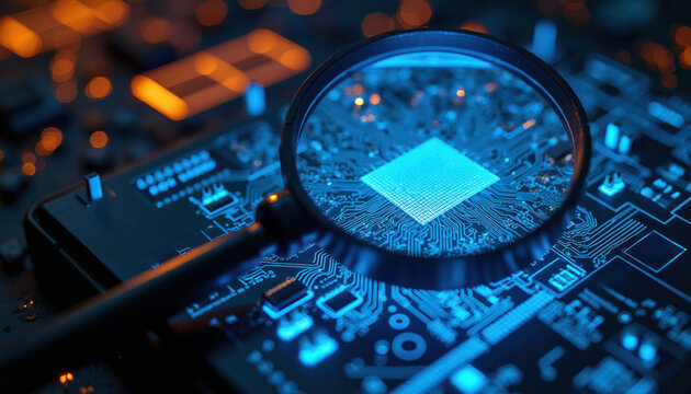 Magnifying glass examines glowing blue circuit board with complex pathways and microchips. Digital investigation of tech hardware structure and data flow.