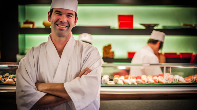 Professional sushi chef standing proudly inside a modern Japanese sushi restaurant with fresh sushi displayed in the background. Perfect for restaurant branding, hospitality, culinary arts, and Japane