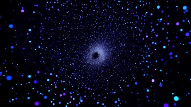 A deep blue abstract motion design featuring a dark night sky filled with bright stars, glowing particles, and a cosmic nebula pattern flowing like water across the galaxy abstract animation backgroun