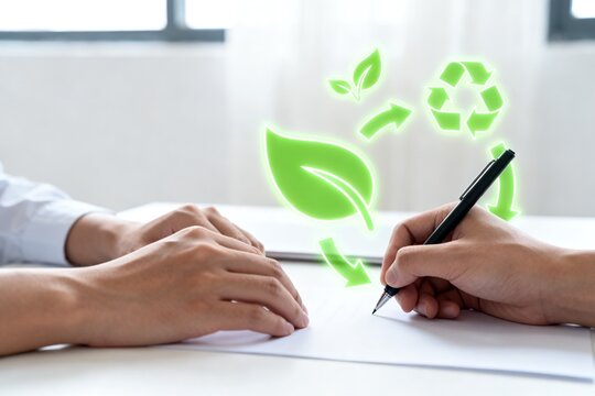 Hands signing document with green eco symbols