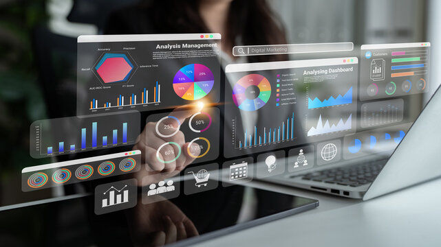 Multiple analytics dashboards with charts and graphs representing marketing data, SEO insights, and performance management Parse