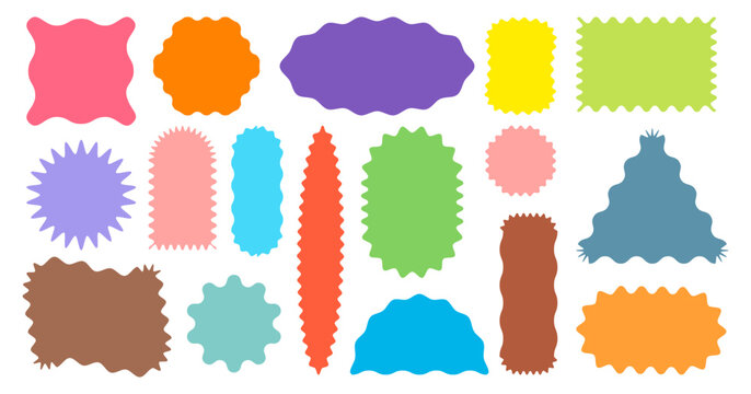Colorful collection of modern abstract shapes, jagged edges, badges, and labels in various forms and sizes on transparent background