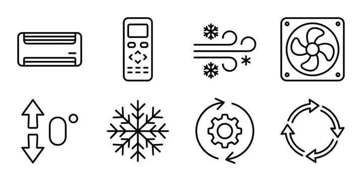 Air conditioning system outline icons with remote control, cooling fan, airflow and temperature regulation symbols on transparent background