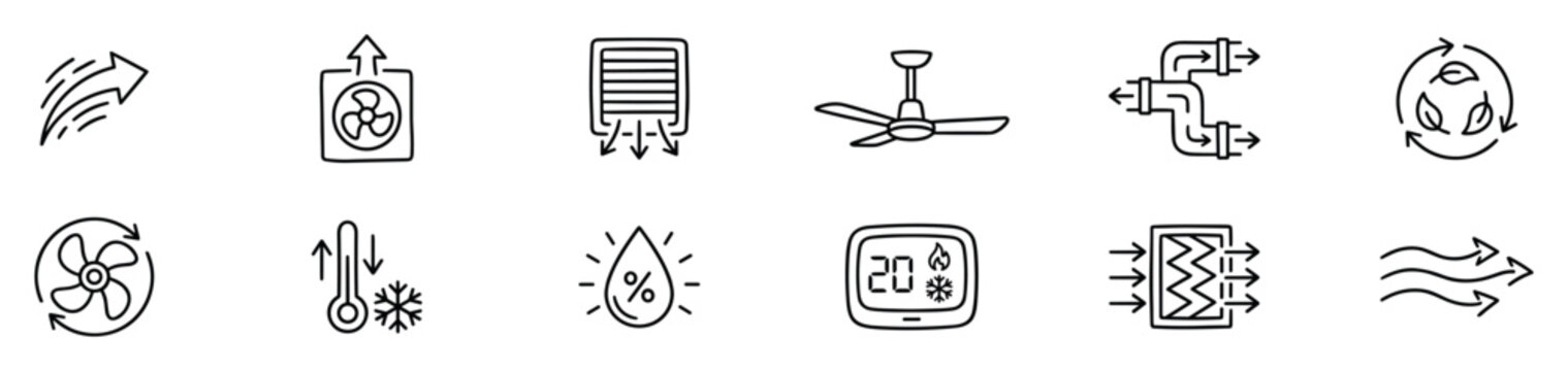 Ventilation and air conditioning outline icons with airflow arrows, fan, filter, thermostat and humidity control symbols on transparent background