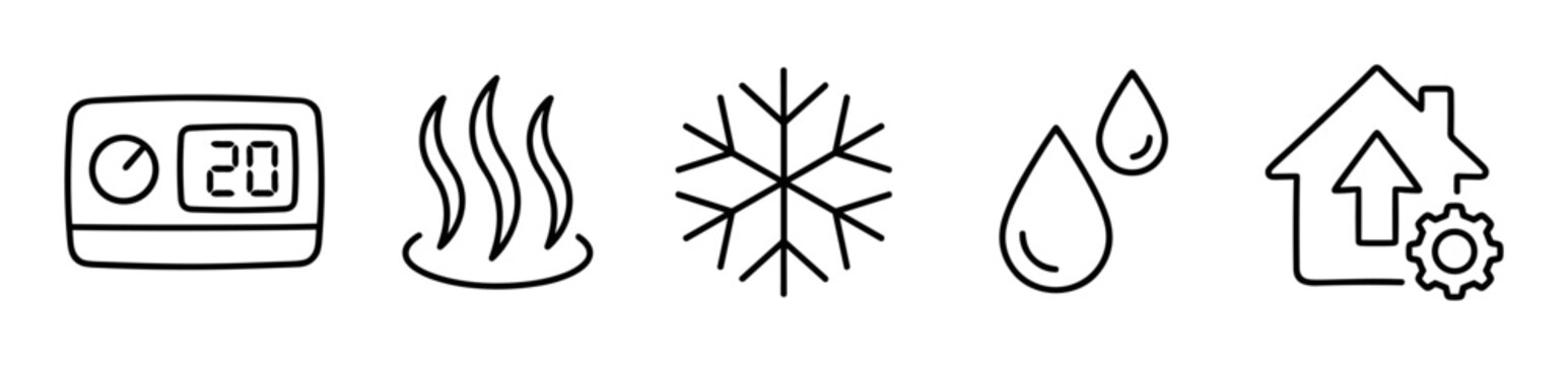 Thermostat and climate control outline icons with heating, cooling, humidity and smart home automation symbols on transparent background