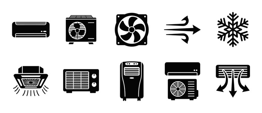 Air conditioning and cooling system glyph icons with fan, airflow, snowflake and HVAC equipment symbols on transparent background