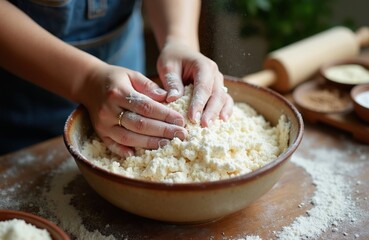Fototapeta premium Hands mix flour and butter in bowl. Woman prepares dough for baking homemade cookies or pastry. Kitchen table with rolling pin, sugar and spices visible.