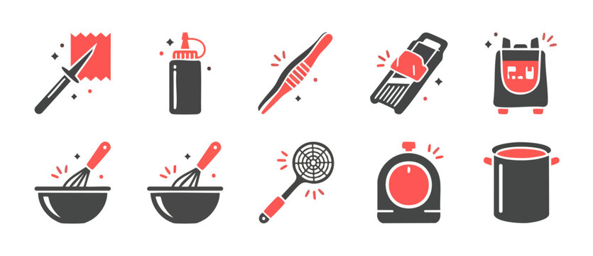 Kitchen Utensils Icon Set, Cooking Tools and Culinary Equipment Collection, Flat Vector Design for Restaurant Menu, Food Preparation Items, Chef Accessories, Minimalist Illustration Isolated on White
