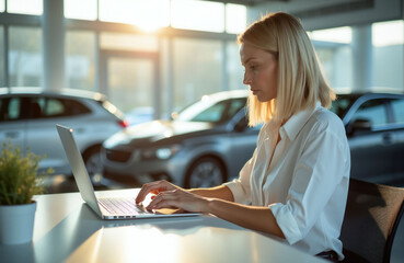 Naklejka premium Woman types on laptop at desk in modern car showroom. Salesperson works on computer near vehicles, offers auto sale service. Pro business job at dealership.