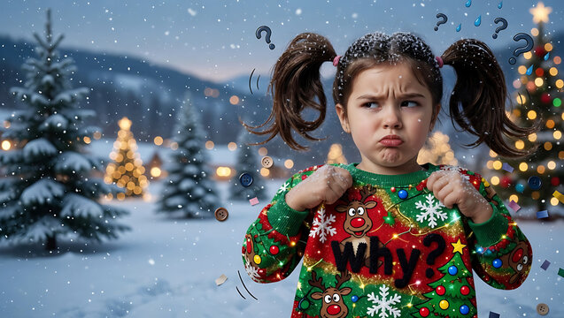 Une jeune fille fait la moue, v&ecirc;tue dun pull de No&euml;l color&eacute; affichant Why?. Elle se tient dehors dans la neige, avec des sapins d&eacute;cor&eacute;s et illumin&eacute;s en arri&egrave;re-plan.