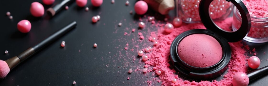 Pink makeup arrangement on dark surface. Blush powder rests amid scattered pearls, brushes. Artistic flat lay presents beauty tools, cosmetics, design elements. Ideal for cosmetic ads creative