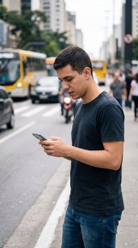 Jovem utilizando celular enquanto caminha distra&iacute;do na cal&ccedil;ada de S&atilde;o Paulo destacando riscos e import&acirc;ncia da aten&ccedil;&atilde;o no tr&acirc;nsito durante campanha Maio Amarelo