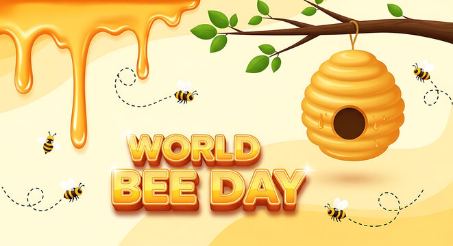 World Bee Day beehive landscape banner. Golden honey drip illustration. Buzzing bee colony artwork. Sweet apiary celebration background