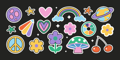 colorful sticker collection with rainbows planets and flowers © Barsha