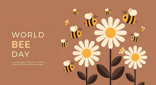 World Bee Day floral background. Cute honey bee vector illustration. Pollination awareness celebration design. Modern nature themed artwork