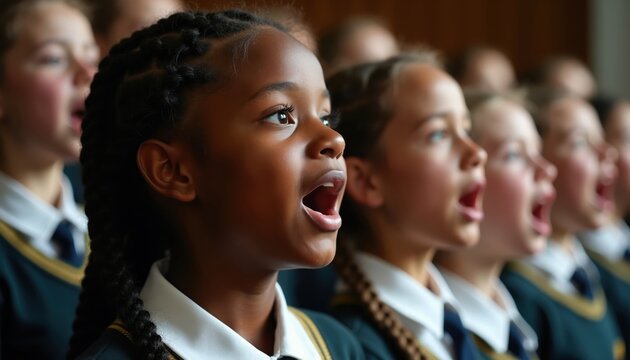 Young female students sing in school auditorium. Girls form choir performing vocal music. They display teamwork skills during cultural event. Focus on diverse group, showcasing talent and harmony.