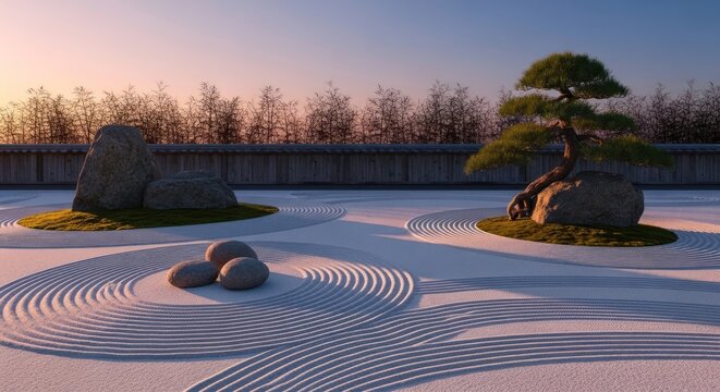 Tranquil zen garden scene featuring bonsai tree and sand patterns at sunset
