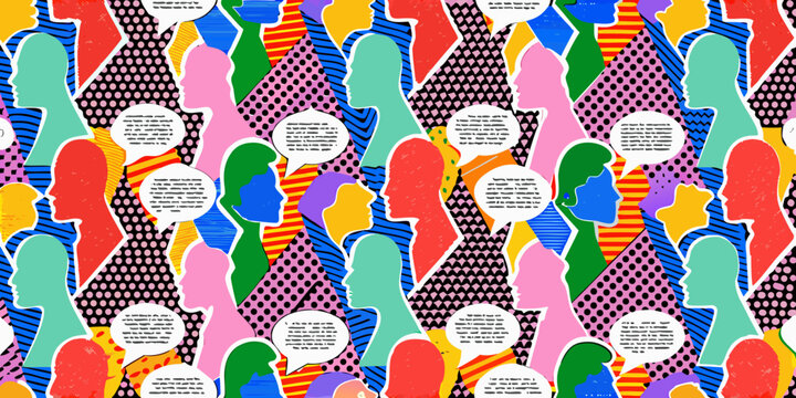 diverse faces pattern vibrant repeating illustration with speech bubbles