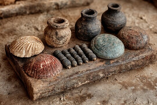 Vintage market tokens and metal weights on aged stone slab images illustrator