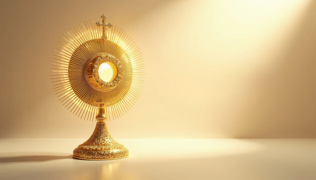 Ornate gold monstrance holding consecrated host. Sacred religious object with radiant sunburst rays, topped with Christian cross. Holy item used in Catholic church services, divine presence in