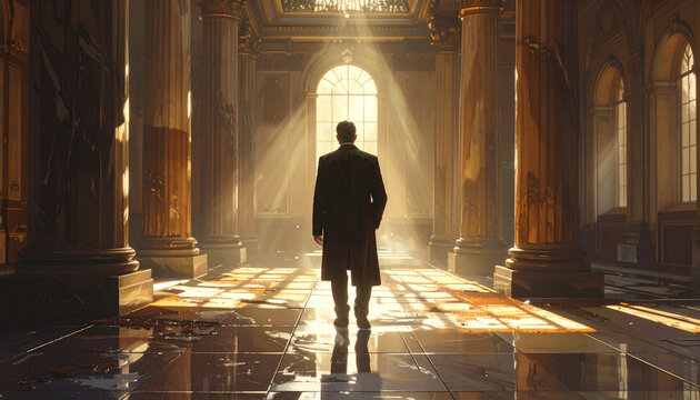 Man silhouette walking through grand hall