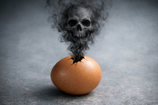 A macabre scene showing a skull emerging from an egg surrounded by smoke