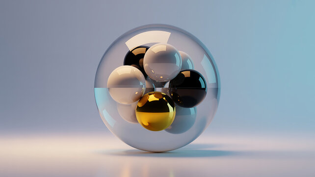 A stunning 3D rendered illustration featuring a clear glass sphere containing white, black, and golden orbs