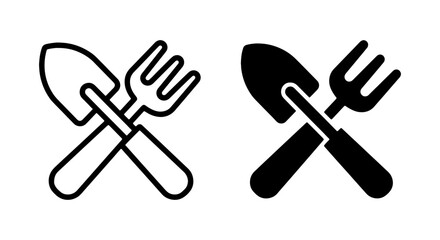 Gardening tools icon set, shovel and fork, garden equipment, black vector illustration © Lamiya