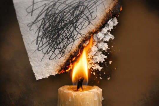 A burning candle with a piece of paper sticking out of it, great for representing an idea or message