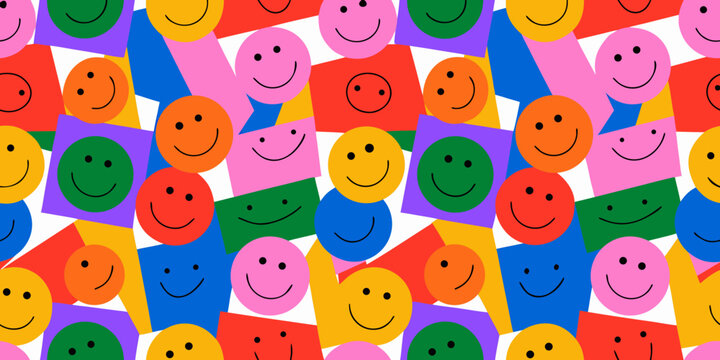 Colorful smiley face pattern dense collage of happy expressions