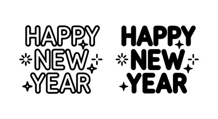 Happy New Year Text Graphics, Festive Celebration Typography, Modern Holiday Greetings, Black and White Design Elements, Vector Illustration Set © Zannatul