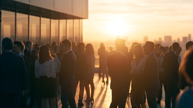 Corporate professionals networking on a rooftop terrace at sunset with warm gold and blue city light