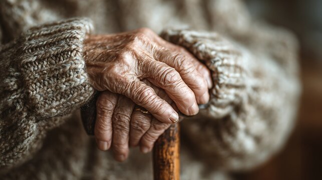 Close-up of elderly woman hands resting on a wooden cane in warm beige and brown tones for retirement and loneliness concept
