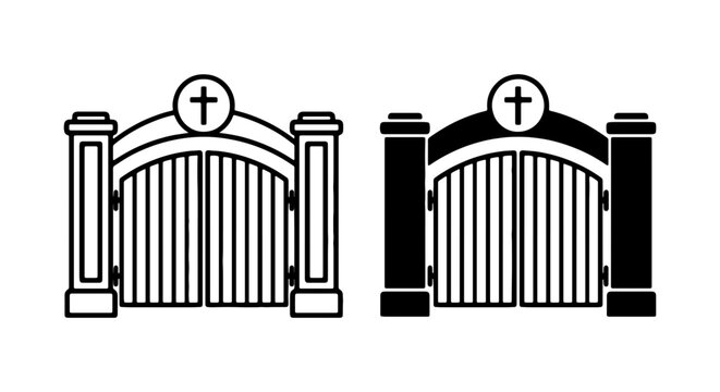 Religious Cemetery Gates Vector Icons, Sacred Entrance Symbol, Spiritual Gateway Illustration, Christian Cross Monument, Black and White Design