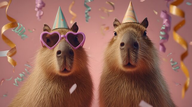 Cute capybara party portrait with heart-shaped glasses and confetti in warm pink pastel tones