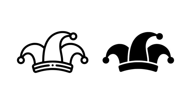 Jester Hat Icons, Medieval Fool Cap Symbols, Harlequin Headwear Graphics, Carnival Costume Elements, Two Styles
