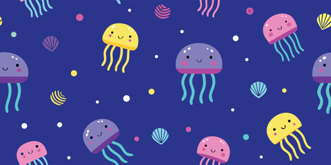 Cute jellyfish seamless pattern, happy marine creatures background, adorable sea life illustration © Sadhin07