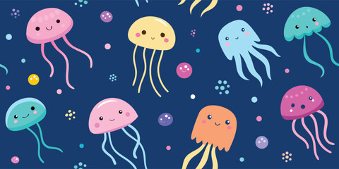 Cute cartoon jellyfish seamless pattern with smiling faces on navy blue background © Sadhin07