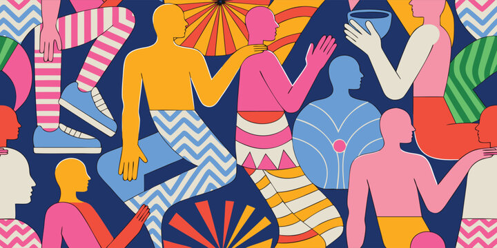 Abstract seamless pattern with stylized human figures and geometric shapes in vibrant colors