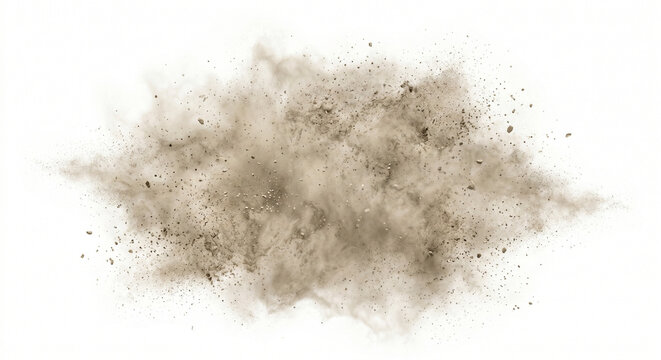 Explosion of dust and debris against a white background with explosion cloud powder explosion particle scattered abstract background isolated