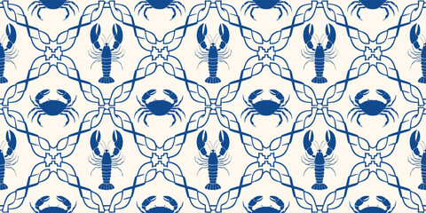 Elegant seamless pattern with blue lobsters and crabs on a cream background, maritime design © Sadhin07
