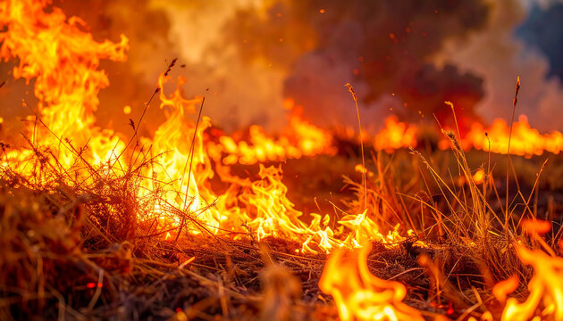 Crackling flames consuming dry golden grass, intense orange and red fire, swirling smoke, harsh and unforgiving landscape